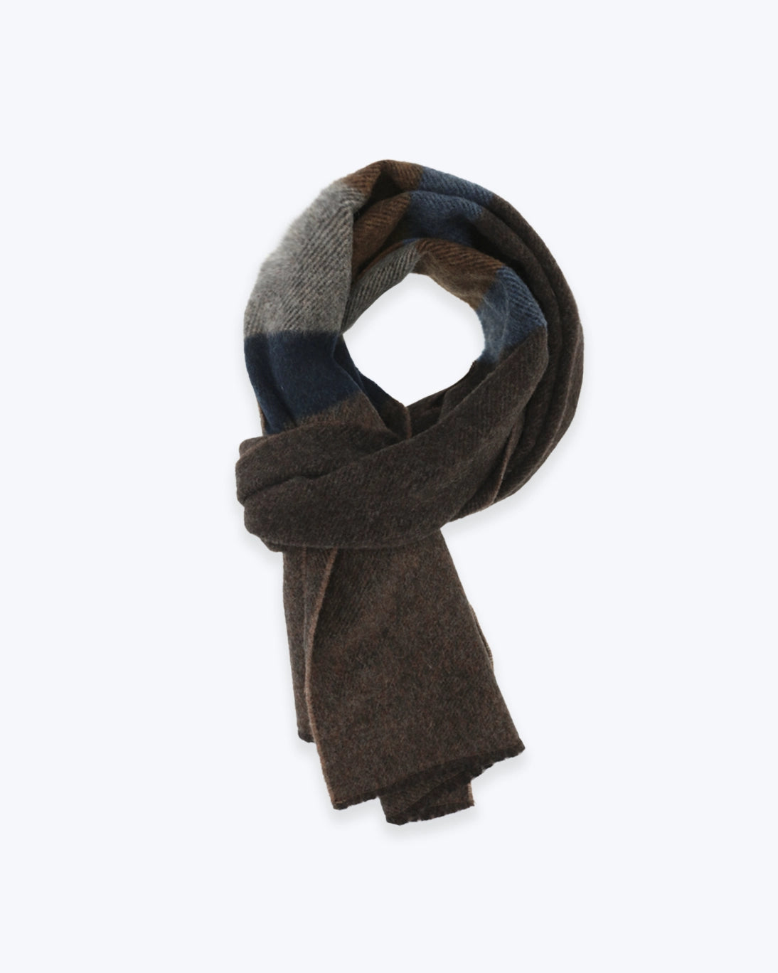 BUFANDA MARRÓN CON RAYA AZUL Y GRIS