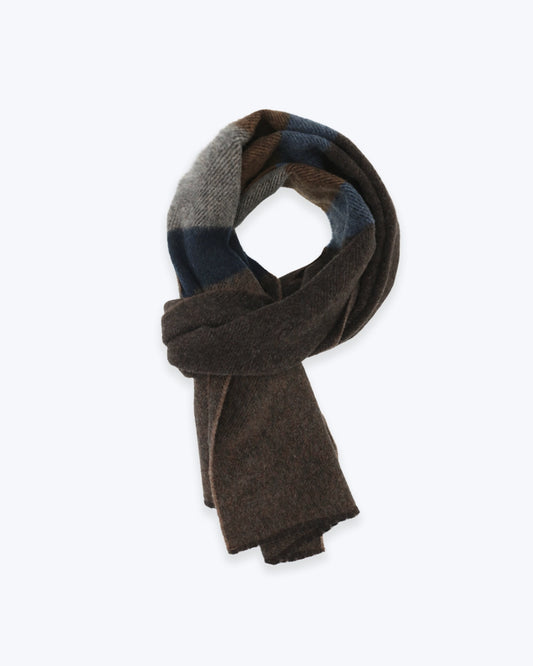 BUFANDA MARRÓN, AZUL Y GRIS