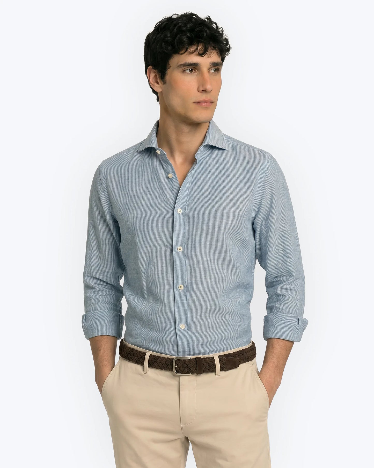 CAMISA AZUL LINO CON RAYA BLANCA