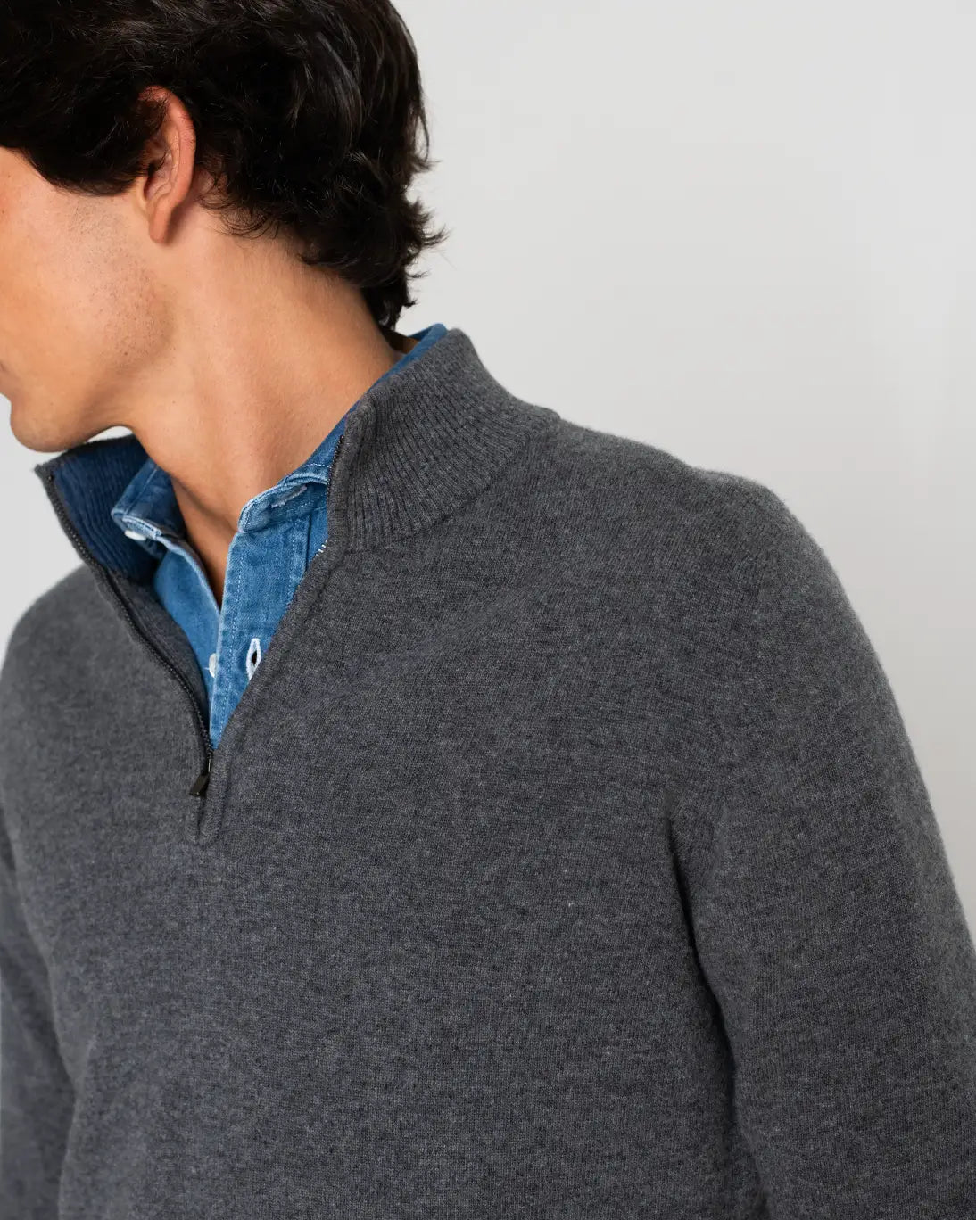 GRAY DENIM INSIDE ZIP SWEATER