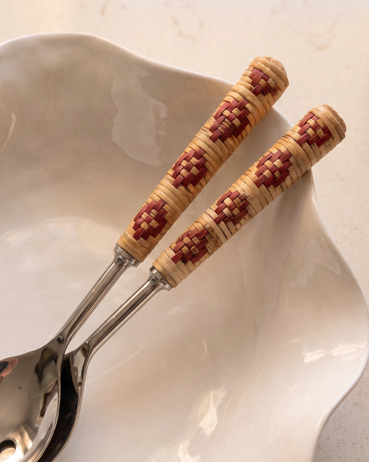 SET CUBIERTOS SERVIR MANGO RAFIA ROJO